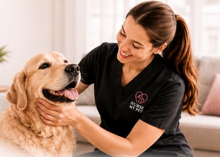 Smiling vet nurse in black scrubs with a happy Golden Retriever in a bright home setting